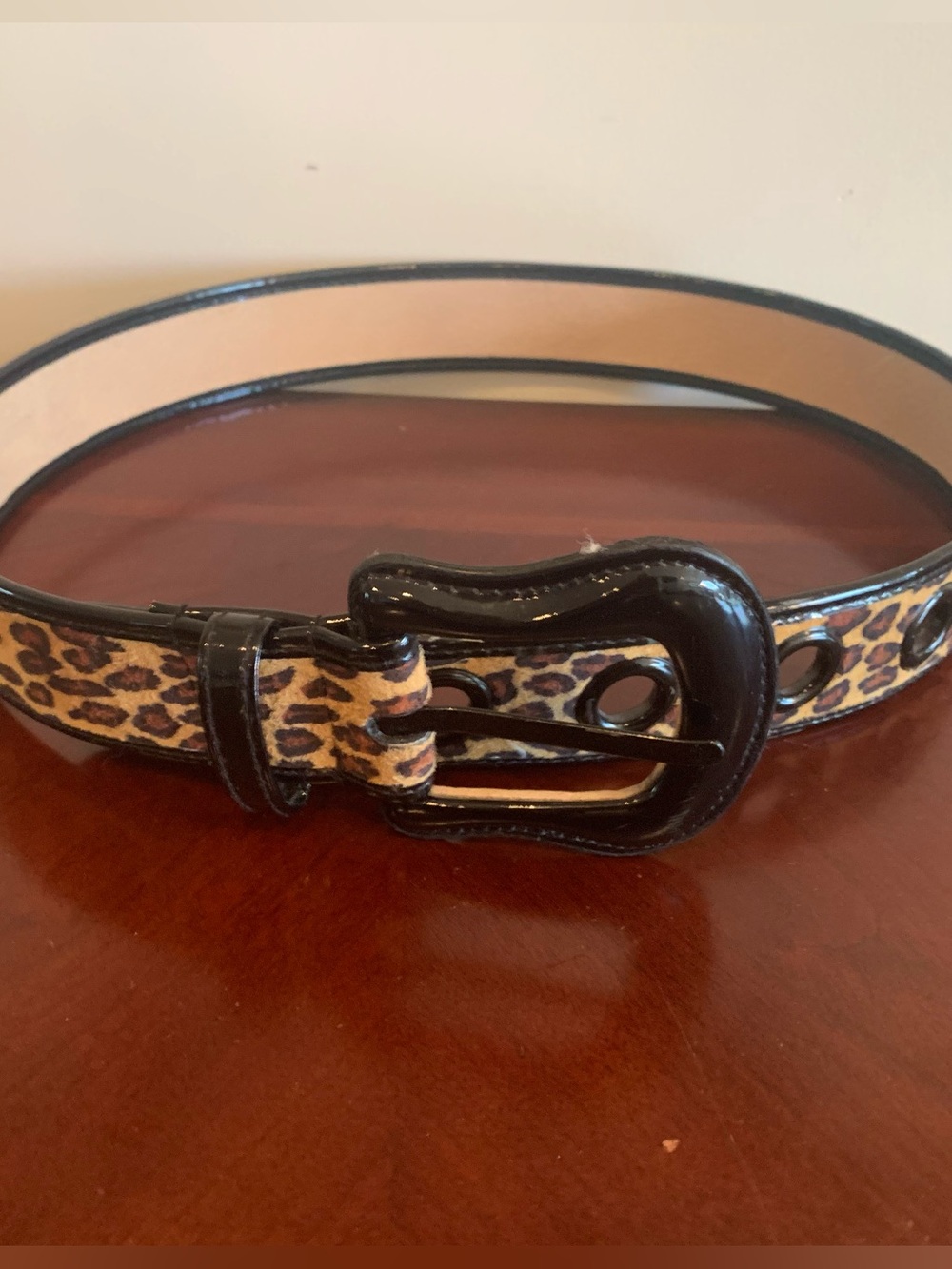 Leather Leopard Print Women's Belt with Black Gloss Buckle
